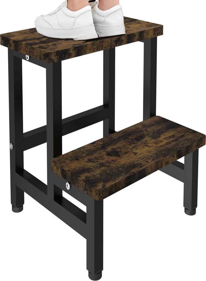 Tigerden Wooden 2 Step Stool for Toddlers Kids and Adults, Heavy Duty Stepping Stools with 500 LB Load Capacity, Foot Step Stool for Bed, Living Room, Bathroom, Kitchen - Rustic Brown & Black - Image 1