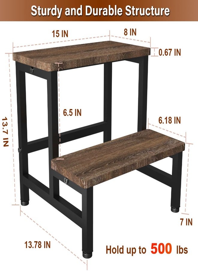 Tigerden Wooden 2 Step Stool for Toddlers Kids and Adults, Heavy Duty Stepping Stools with 500 LB Load Capacity, Foot Step Stool for Bed, Living Room, Bathroom, Kitchen - Rustic Brown & Black - Image 2