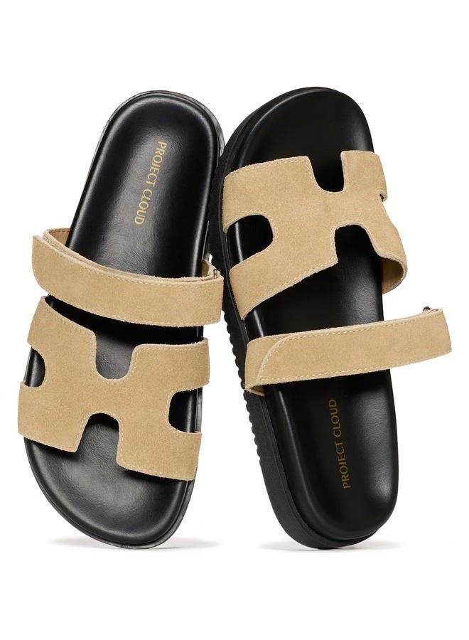 Project Cloud Genuine Leather Womens Sandals - Stylish & Comfy Sandals for Women Footwear with Memory Foam Insole - Slip-Resistant Slides for Women (Mayven), Beige Linen, 5.5 - Image 1