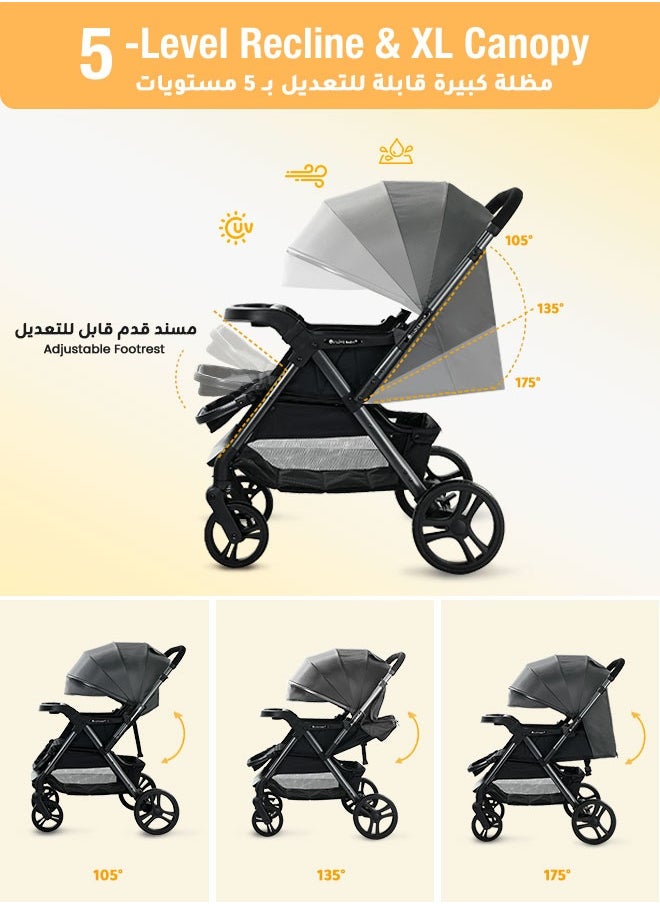الأورلار عربة أطفال قابلة للدفع بالاتجاهين｜تصميم عالي الرؤية｜عجلات PU مع حزام أمان ٥ نقاط｜طي سريع بيد واحدة｜صينية كبيرة وسلة تخزين واسعة｜من ٠ إلى ٦ سنوات｜تتحمل حتى ٧٠ كجم｜رمادي  - Image 5