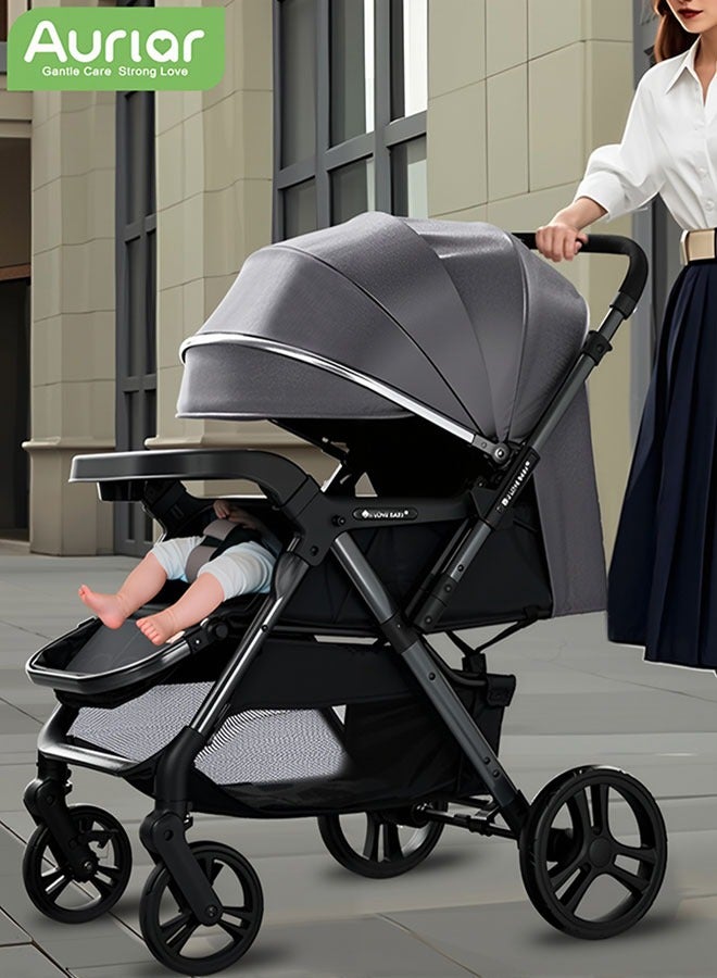 الأورلار عربة أطفال قابلة للدفع في اتجاهين – عالية المنظر، قابلة للطي والحمل مع زنبركات مضادة للصدمات، صينية XL وسلة تخزين واسعة، مناسبة من ٠ إلى ٦ سنوات، تتحمّل حتى ٧٠ كجم، باللون الرمادي الفاخر - Image 1