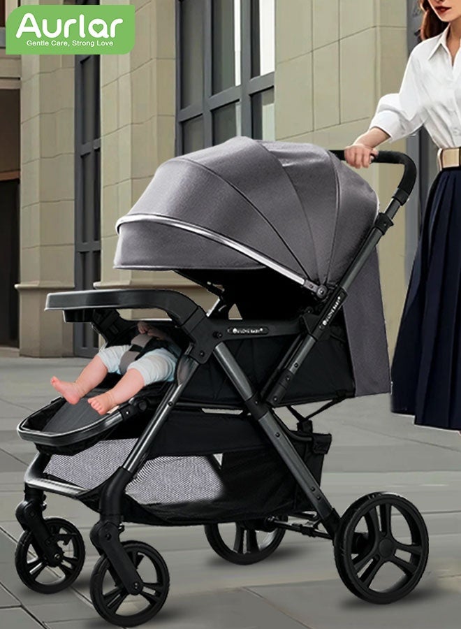 Aurlar Reversible Baby Stroller – High Landscape, Portable Foldable with Anti-Shock Springs, XL Tray & Large Basket, 0–6 Years, 70 KG Capacity, Premium Grey - Image 1