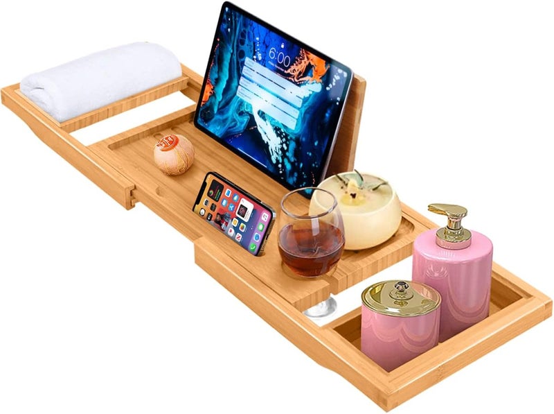 ADO Bathtub Tray, Foldable Bamboo Bathtub Caddy, Adjustable Bath Tray for Tub with Book Rest, Phone, Tablet, Candle, Towel, Glass Holder, Extendable Wooden Bath-Shelf Fits Most Bathtubs Sizes - Image 1