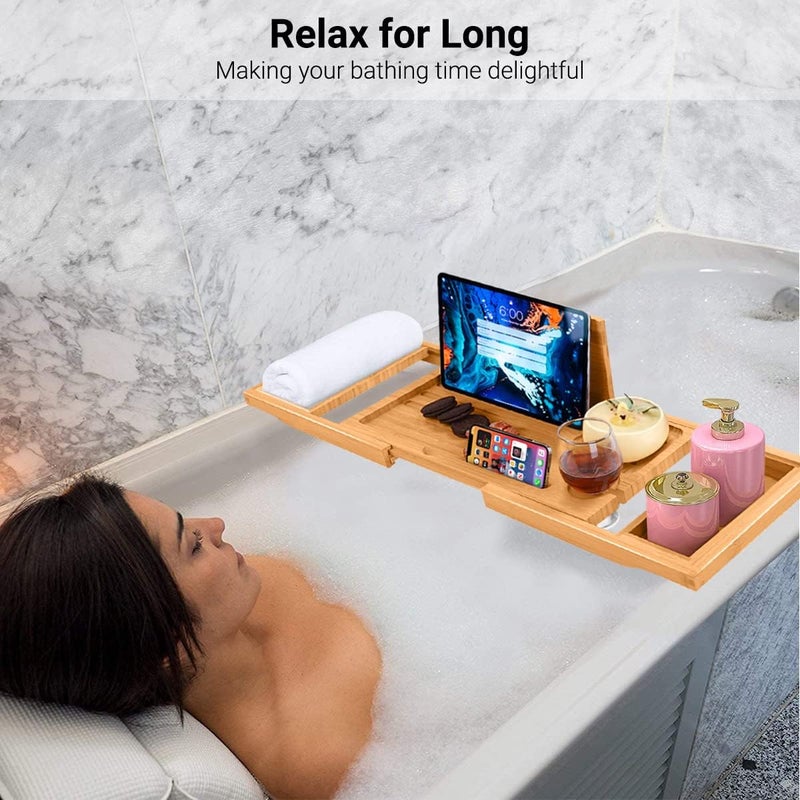 ADO Bathtub Tray, Foldable Bamboo Bathtub Caddy, Adjustable Bath Tray for Tub with Book Rest, Phone, Tablet, Candle, Towel, Glass Holder, Extendable Wooden Bath-Shelf Fits Most Bathtubs Sizes - Image 4