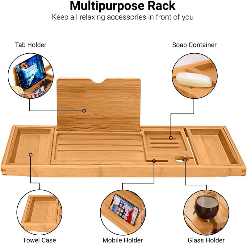 ADO Bathtub Tray, Foldable Bamboo Bathtub Caddy, Adjustable Bath Tray for Tub with Book Rest, Phone, Tablet, Candle, Towel, Glass Holder, Extendable Wooden Bath-Shelf Fits Most Bathtubs Sizes - Image 2