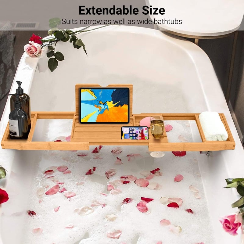ADO Bathtub Tray, Foldable Bamboo Bathtub Caddy, Adjustable Bath Tray for Tub with Book Rest, Phone, Tablet, Candle, Towel, Glass Holder, Extendable Wooden Bath-Shelf Fits Most Bathtubs Sizes - Image 3