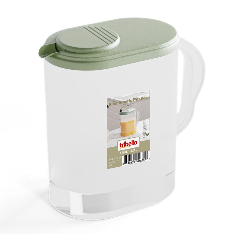 Tribello 1-Gallon Slim Plastic Pitcher with Lid â€“ Clear Water Jug with Pivot-Top Spout, Iced Tea Pitcher for Fridge, Dishwasher/Freezer Safe, BPA & Phthalate Free â€“ Sage Green - Image 1