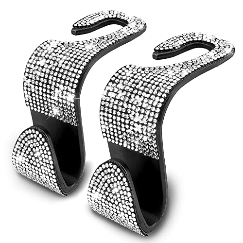 OSIFIT 2PCS Car Seat Hooks Bling Rhinestone Headrest Hooks Universal Bling Car Interior Accessories for Handbag Clothes Purse Water Bottle White - Image 1
