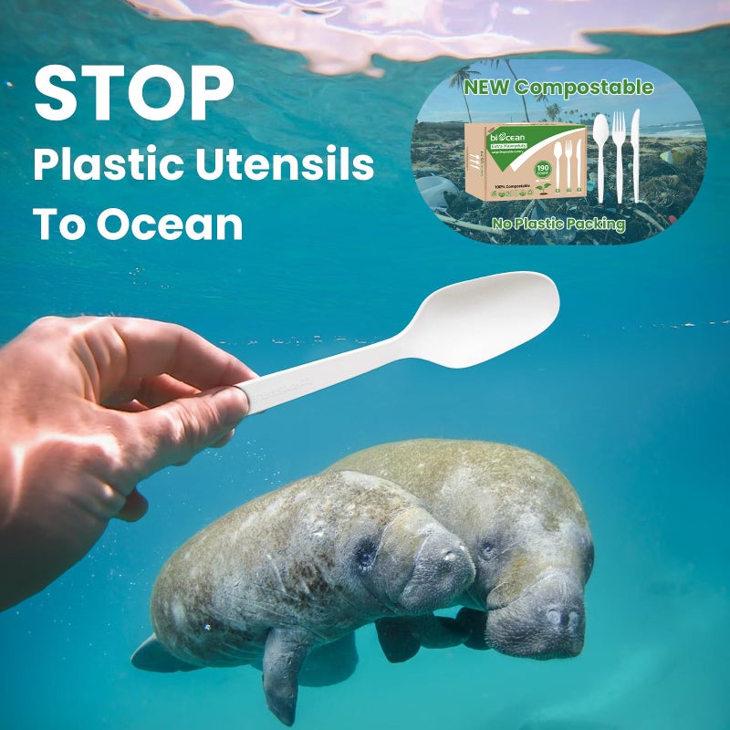 Biocean Extra Heavyduty Compostable Spoons [200 Count 6.7In] Disposable Cutlery No Plastic Spoons Large Biodegradable Utensils Eco Friendly Silverware Serving Flatware for Party Daily Use Picnic - Image 5