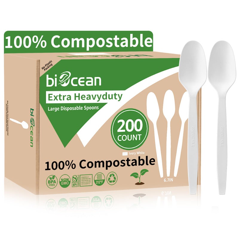 Biocean Extra Heavyduty Compostable Spoons [200 Count 6.7In] Disposable Cutlery No Plastic Spoons Large Biodegradable Utensils Eco Friendly Silverware Serving Flatware for Party Daily Use Picnic - Image 1