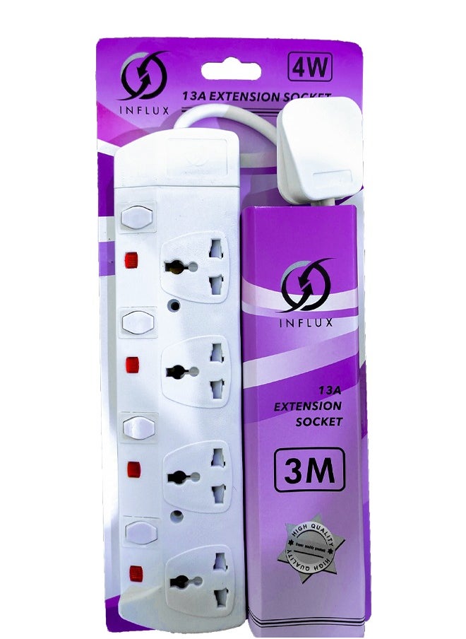 INFLUX INFLUX Extension cord with 4-Outlet and 3M 1mm wire Power Extension with Surge Protector - Durable Power Extension Cable, Extenson with Individual Safety Buttons, High-Quality plug extension for Home  - Image 2