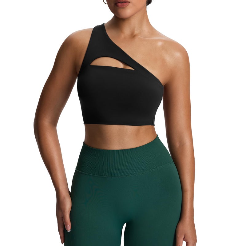 Aoxjox Women's Workout Sports Bras Fitness Gym Olivia Asymmetric One Shoulder Bra Yoga Crop Tank (Black, Large) - Image 1