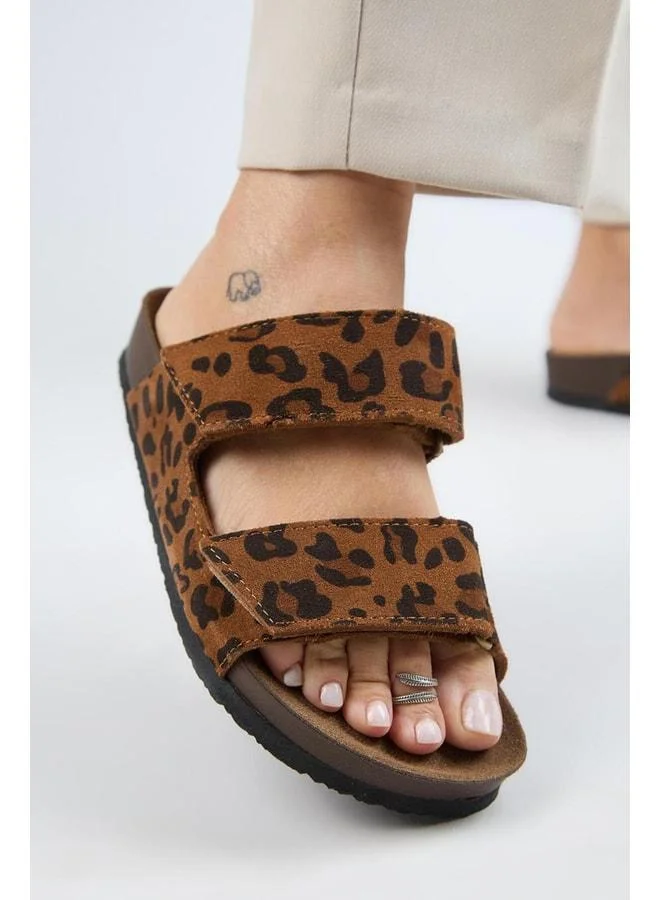 (Vina 2 Leopard) Women's Genuine Leather Double strap Taba Slippers.