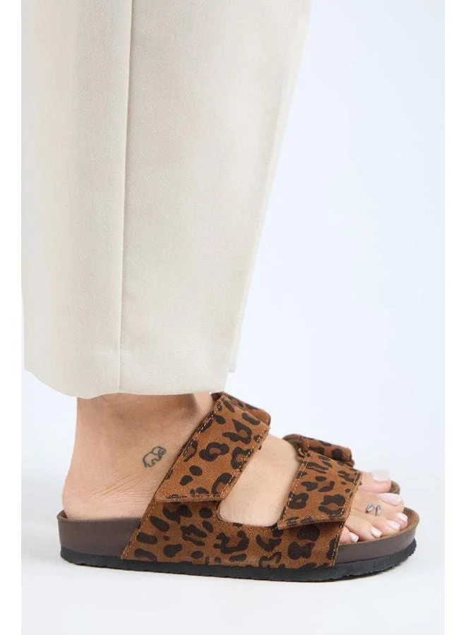 Manijero  (Vina 2 Leopard) Women's Genuine Leather Double strap Taba Slippers. for Women | Best Price UAE