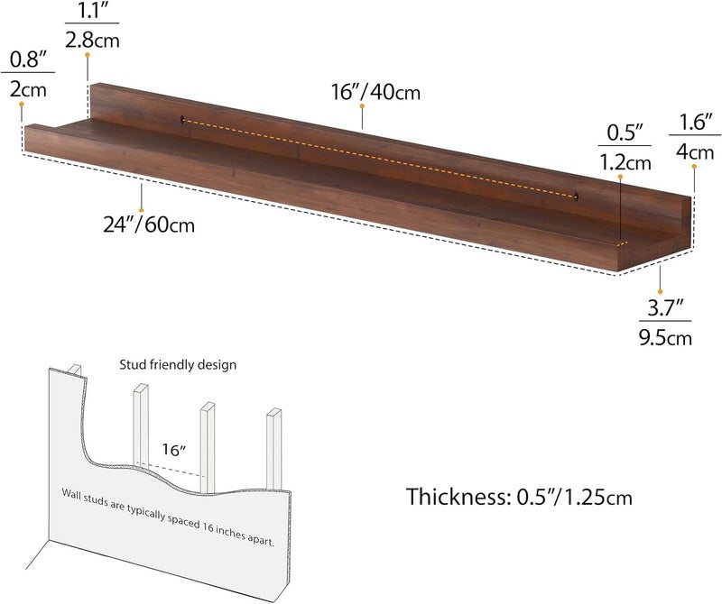Craftsline 24 Floating Shelves for Wall Collage Picture Ledge Shelf Wall Bookshelf for Living Room Wall Shelf for Kitchen Kids Room Shelves Wall Shelves Walnut Color Set of 2 - Image 3