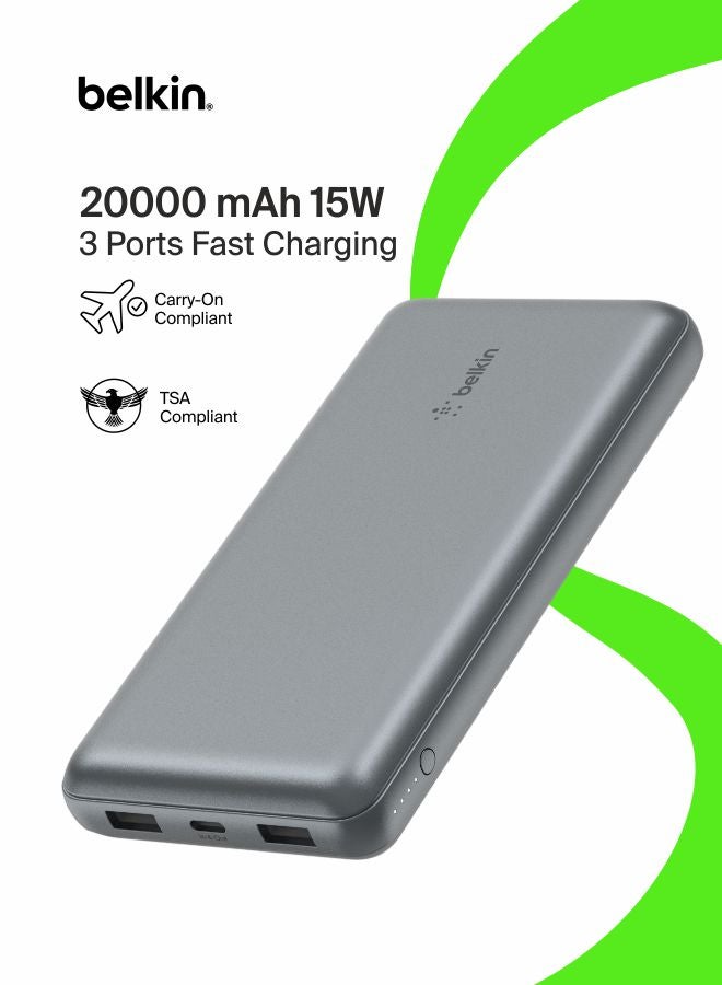 بيلكين شاحن محمول BoostCharge USB-C، بقدرة 20000 من Belkin مع منفذ USB-C ومنفذي USB-A وكابل USB-C إلى USB-A لـهواتف iPhone 15 و15 Plus و15 Pro و15 Pro Max وSamsung Galaxy S24 والمزيد، باللون الرمادي الفضائي 20000 mAh - Image 1