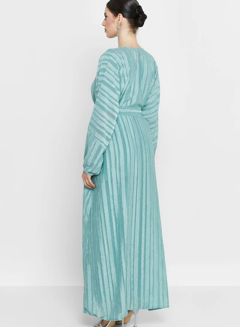 hayas closet Striped Belted Top & Abaya Set