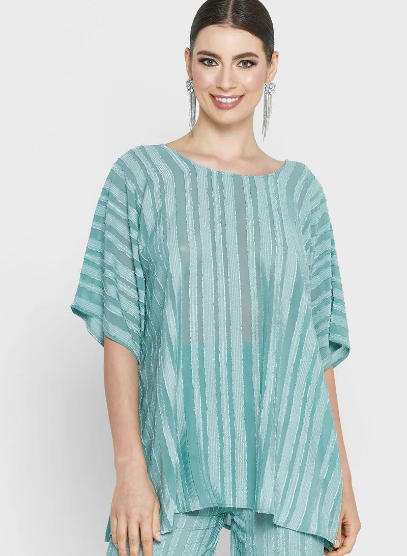 hayas closet Striped Belted Top & Abaya Set
