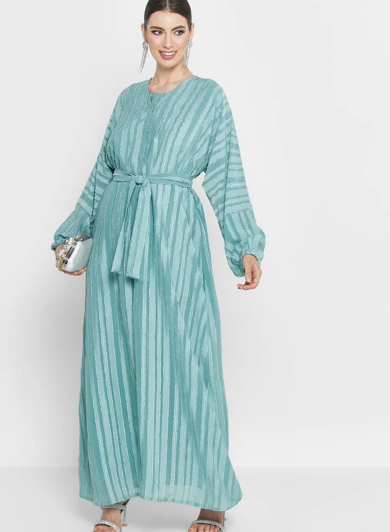 hayas closet Striped Belted Top & Abaya Set