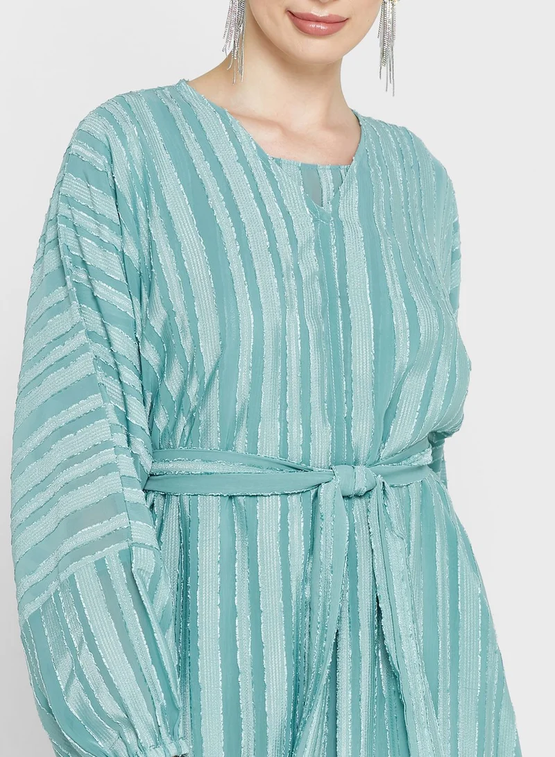 hayas closet Striped Belted Top & Abaya Set