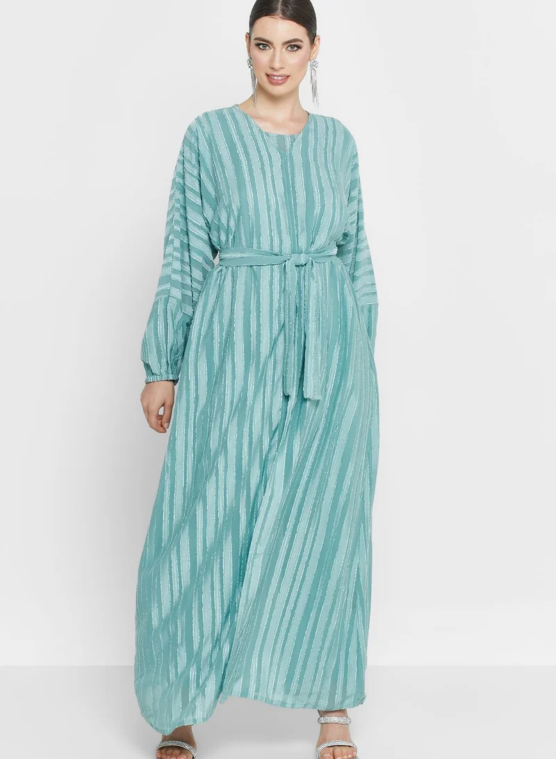 hayas closet Striped Belted Top & Abaya Set