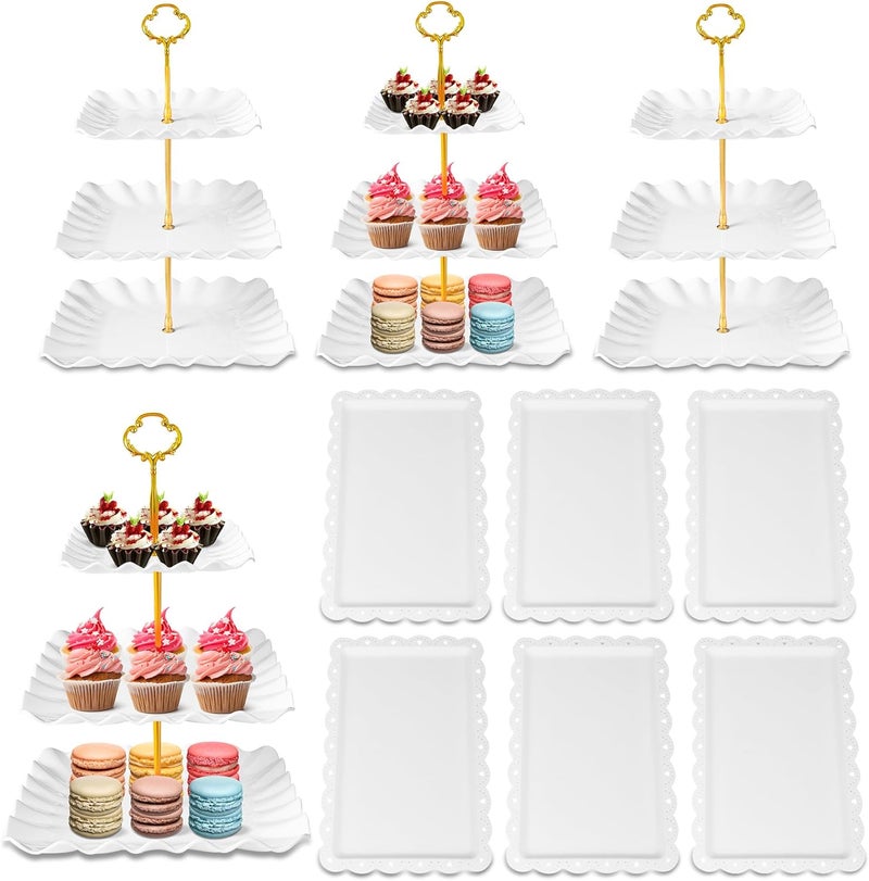 DIDROOM 10 Pack Dessert Table Display Set - 4 x Three-Tier Square Cupcake Stands and 6 x Serving Trays, Elegant Tableware for Cakes, Cupcakes, Pastries, and Snacks, Perfect for Parties (White) - Image 1