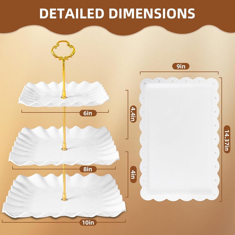 DIDROOM 10 Pack Dessert Table Display Set - 4 x Three-Tier Square Cupcake Stands and 6 x Serving Trays, Elegant Tableware for Cakes, Cupcakes, Pastries, and Snacks, Perfect for Parties (White) - Image 2