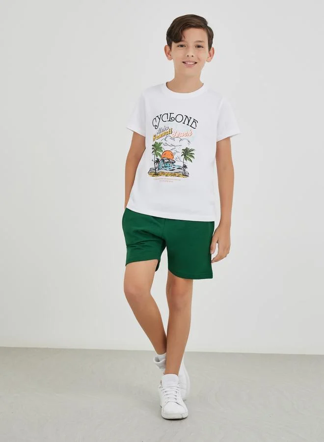 ستايلي Styli Boys School Uniform Green Solid Drawstring Waist Shorts with Back Pocket