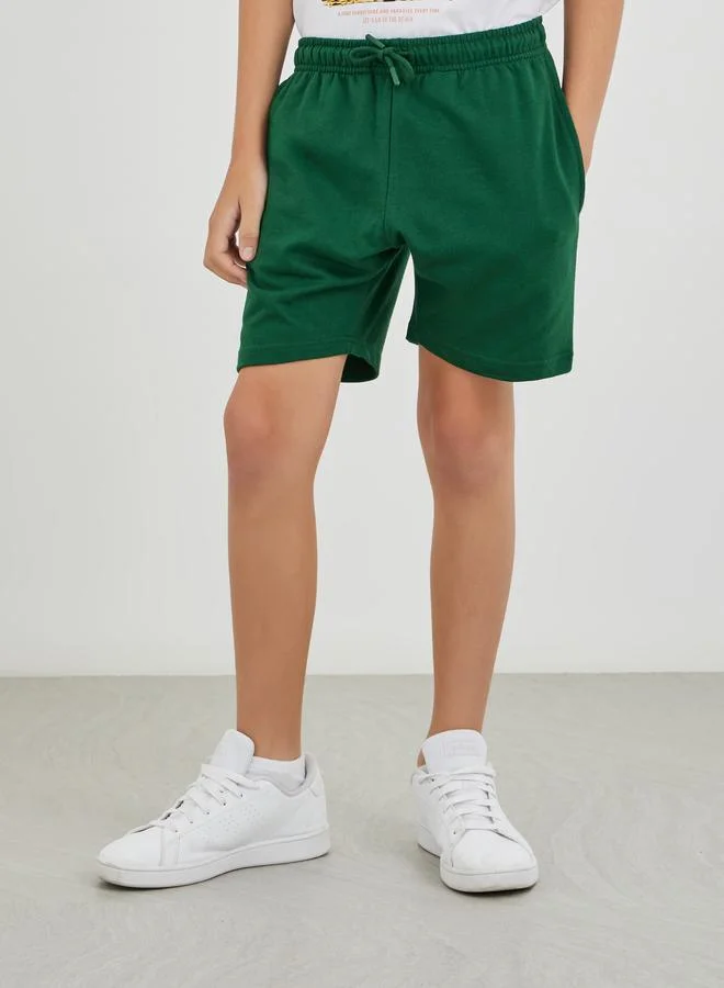 ستايلي Styli Boys School Uniform Green Solid Drawstring Waist Shorts with Back Pocket