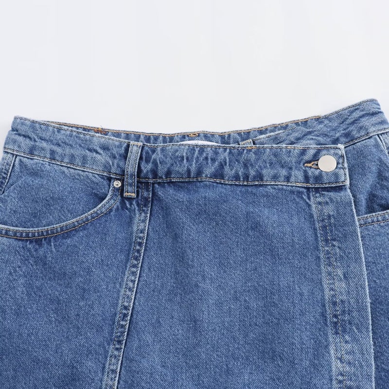 2024 summer new European and American cross-border womens fashion short Denim short sleeve shirt asymmetric skirt suit 10399 Mid-blue Denim Culottes
