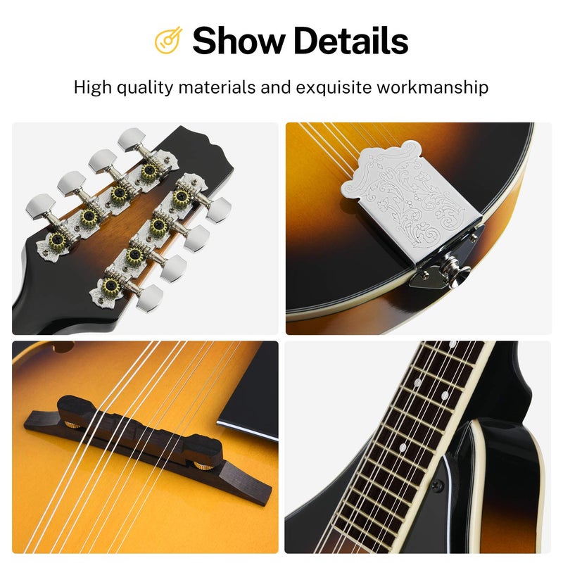 Donner A Style Mandolin Instrument Sunburst Beginner Adult Acoustic Mandolin Musical Instrument Mahogany 8 String, Bundle With Tuner String Bag Guitar Picks,DML-1 - Image 5