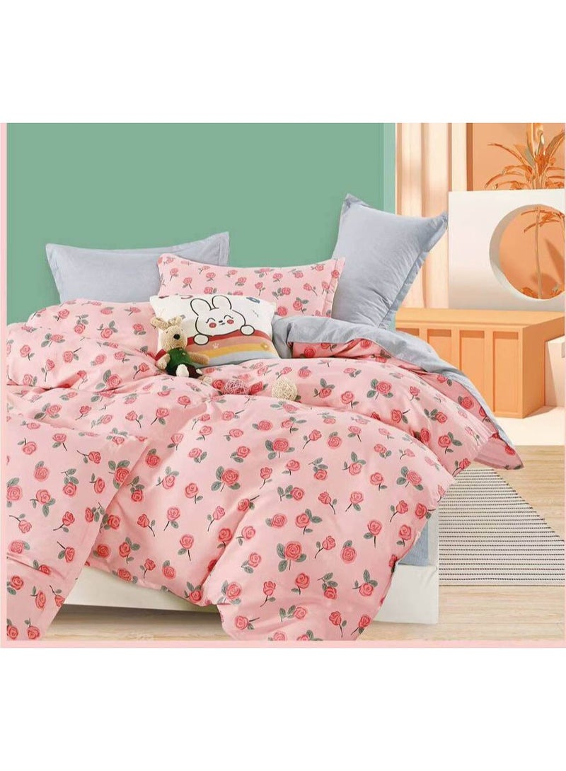 طقم مفروشات قطني مكون من 4 قطع - غطاء لحاف 160×210 سم، شرشف مطاطي 120×200+25 سم، و2 غطاء وسادة - مقاس فردي، ناعم ومسامي