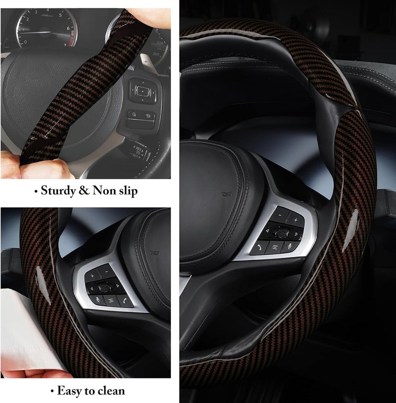 Aotoyou غطاء عجلة القيادة من ألياف الكربون، مجموعة ملحقات غطاء عجلة القيادة للسيارة القابلة للتركيب الفوري، 3 قطع، غطاء لف محكم غير قابل للانزلاق، واقي عالمي بلون بني لامع - Image 5