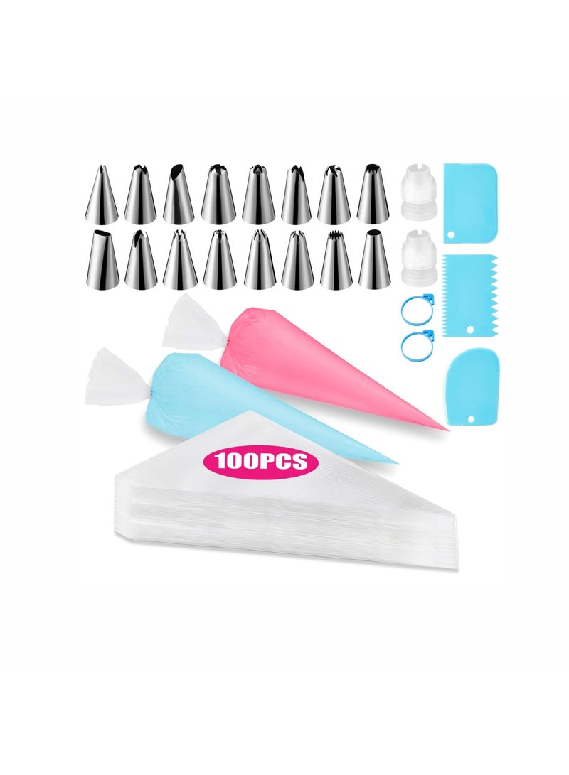 SYOSI Piping Bags and Tips Set for Cake Decorating, 100pcs 12" Pastry Bags, 16 Tips, 3 Scrapers, 2 Couplers, 2 Ties – Complete Kit for Pastry, Cupcake, Cake Decorating, Ideal for Bakers and DIY Enthusiasts - Image 1