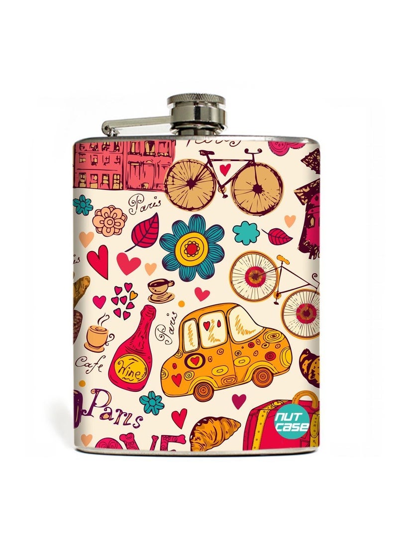 Nutcase Designer Hip Flask 9 Oz Nutcase with Free Funnel Along Paris City Cycle Enjoy  - Image 1