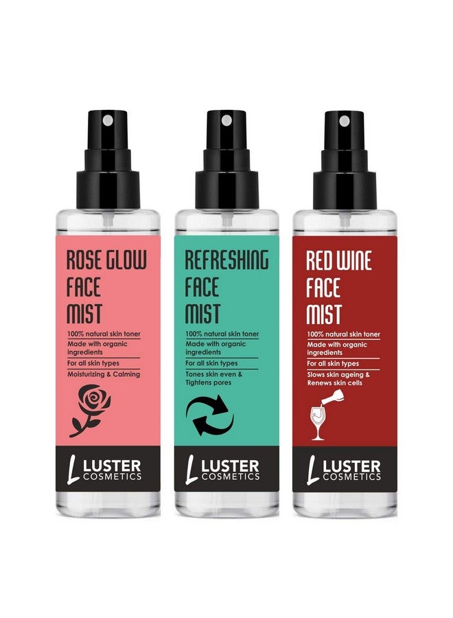 Luster Cosmetics Rose Glow & Refreshing & Red Wine Face Mist Skin Toner | Combo | Moisturizing & Tightens Pores | All Skin Types | Paraben & Sulfate Free -115ml (Pack of 3) - Image 1
