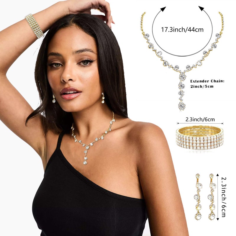 MEDOJO 10Pcs Golden Rhinestone Jewelry Set for Women Bride Wedding Prom Jewelry Evening Rhinestone Sparkly Clutch Purse Bag Necklace Tennise Layered Bracelets CZ Ring Crystal Drop Earring Set - Image 4