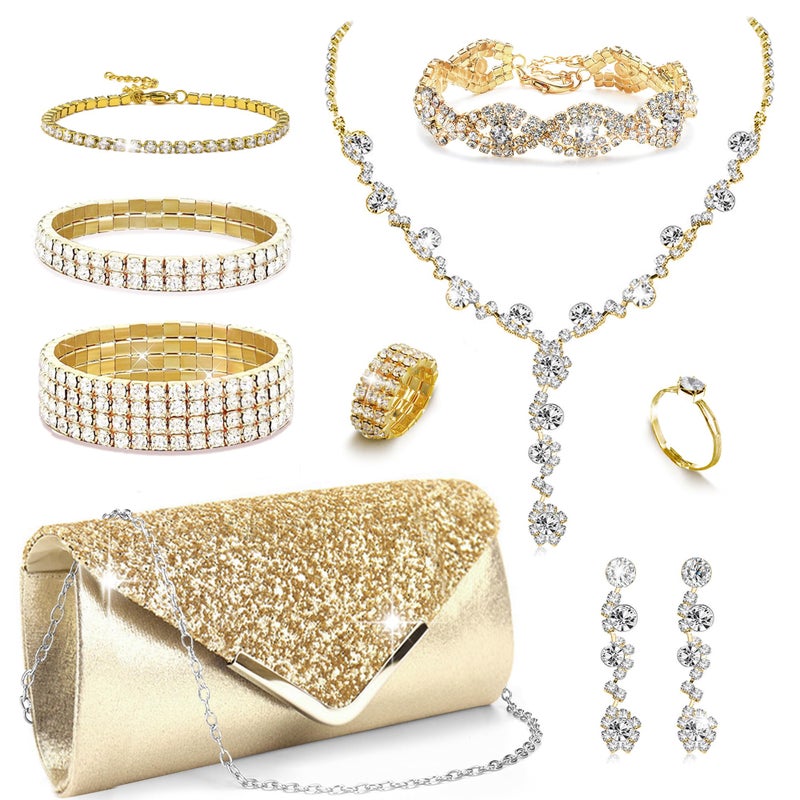 MEDOJO 10Pcs Golden Rhinestone Jewelry Set for Women Bride Wedding Prom Jewelry Evening Rhinestone Sparkly Clutch Purse Bag Necklace Tennise Layered Bracelets CZ Ring Crystal Drop Earring Set - Image 1