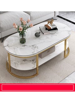 keke Oval Coffee Table White Marble design with Gold Steel Frame and Glass  - Image 2