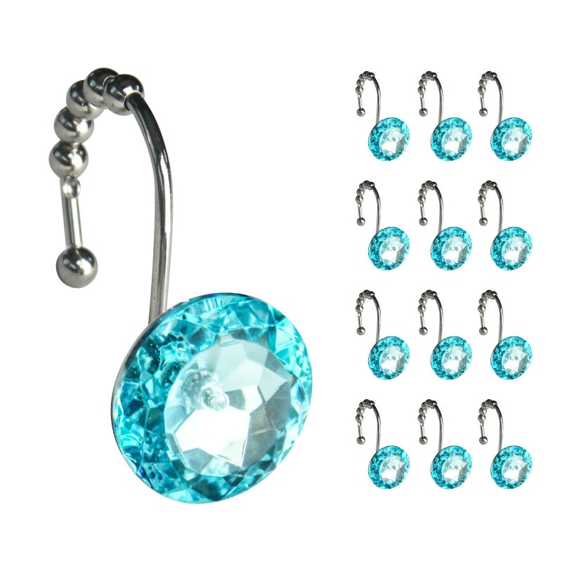 Sunlit Luxury Design Round Teal Blue Diamond Crystal Gem Bling with Glide Balls Shower Curtain Hooks for Mermaid Shower Curtains, Rust Proof Metal Rhinestones Glam Shower Curtain Rings-12 Pack - Image 1