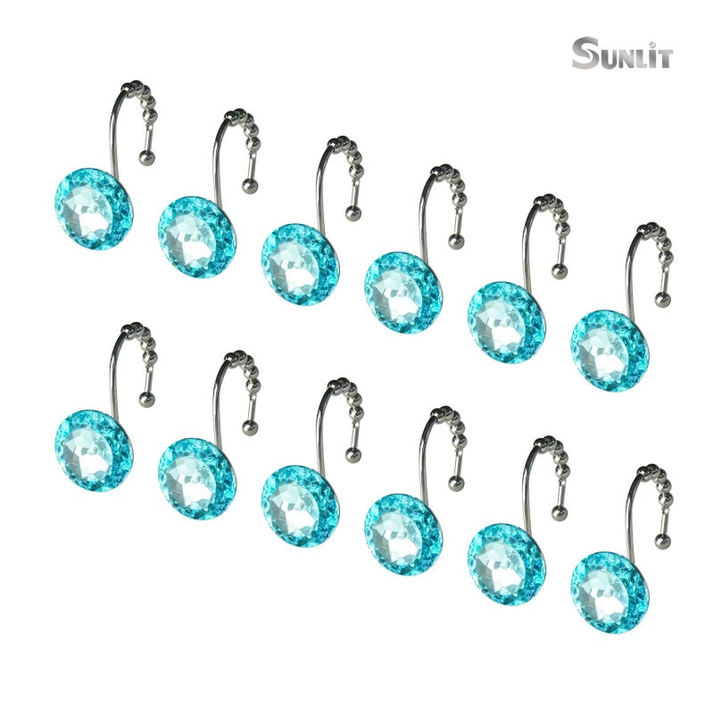 Sunlit Luxury Design Round Teal Blue Diamond Crystal Gem Bling with Glide Balls Shower Curtain Hooks for Mermaid Shower Curtains, Rust Proof Metal Rhinestones Glam Shower Curtain Rings-12 Pack - Image 3