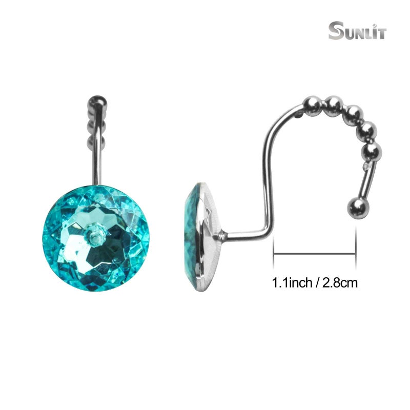 Sunlit Luxury Design Round Teal Blue Diamond Crystal Gem Bling with Glide Balls Shower Curtain Hooks for Mermaid Shower Curtains, Rust Proof Metal Rhinestones Glam Shower Curtain Rings-12 Pack - Image 2