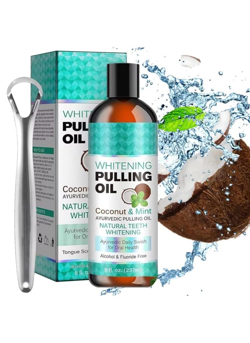 ORALHOE - Coconut Mint Pulling Oil Mouthwash, Natural Teeth Whitening, Ayurvedic Daily Swish for Oral Health, Tongue Scraper Included, Alcohol & Fluoride Free, Healthy Gums, Good Breath, 237ml - Image 1