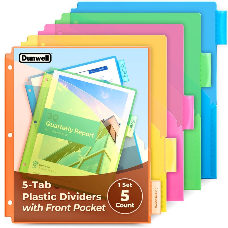 Dunwell Plastic 5-Tab Dividers for 3-Ring Binder (1 Set, 5ct.), 5 Bright Colors, Notebook Dividers with Front Pocket, Includes Label Inserts, Durable Acid-Free Poly - Image 1