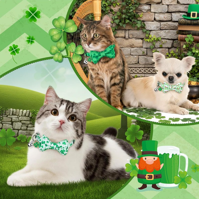 Hsei 6 Pcs St. Patrick's Day Cat Collar Bulk with Bow Tie Bell Irish Lucky Shamrocks Clover Green Hats Rainbows Kitten Adjustable Breakaway Bowtie Collar for Cats Small Dog Holiday Party Favors Gifts - Image 2