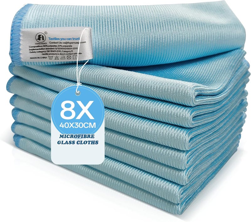 Foyer Nuage Pack of 8 Microfibre Glass Cleaning Cloths, 30 x 40 cm, Lint-Free, 290 GSM - Image 1