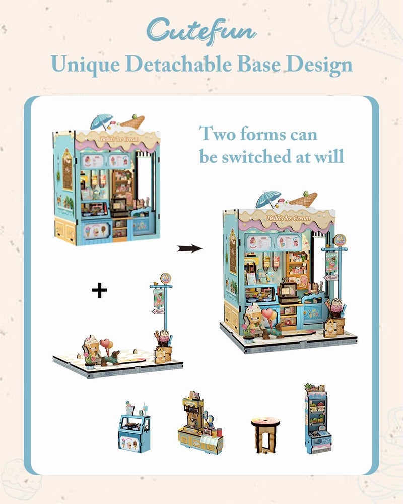Cutefun Book Nook Kit - DIY Miniature Dollhouse Kit for Adults and Teens, Ice Cream Shop Mini House Building Kit with LED Bookshelf Insert Decor Creative Gifts (Bella's Ice Cream) - Image 4