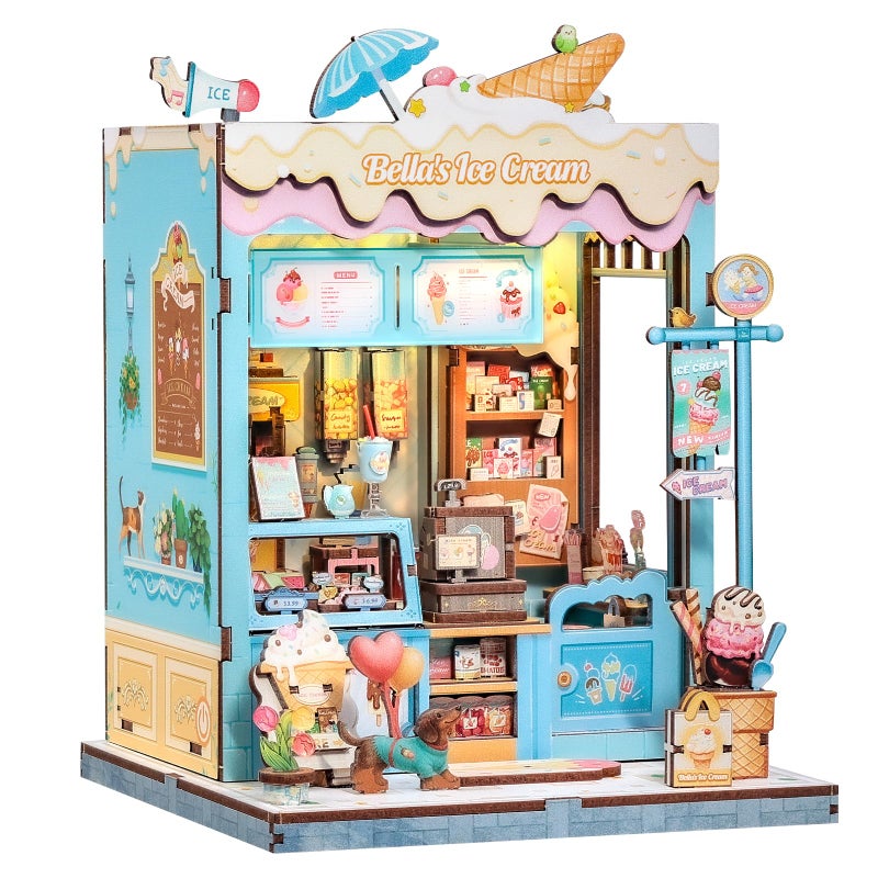 Cutefun Book Nook Kit - DIY Miniature Dollhouse Kit for Adults and Teens, Ice Cream Shop Mini House Building Kit with LED Bookshelf Insert Decor Creative Gifts (Bella's Ice Cream) - Image 1