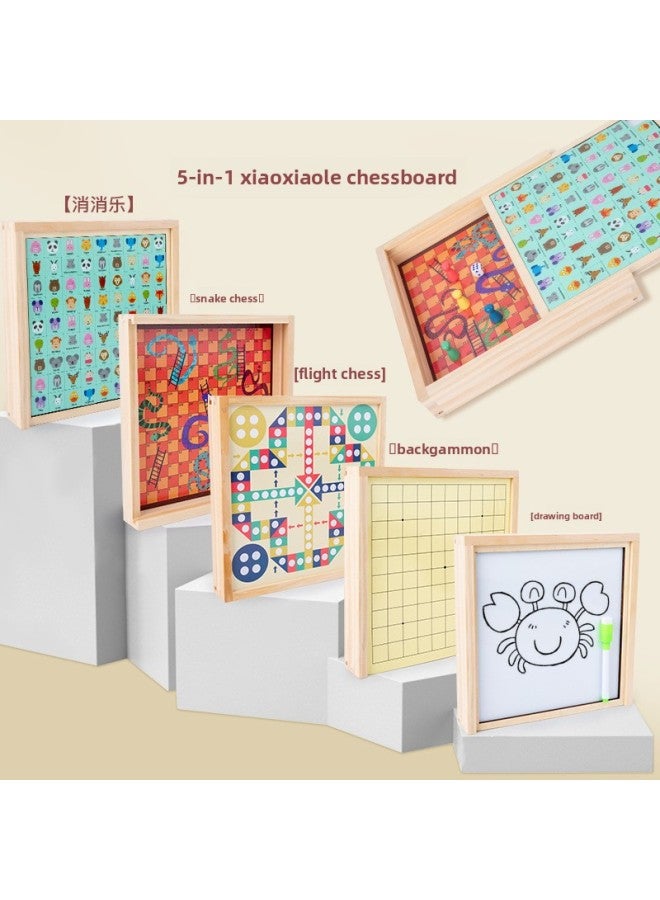 Multi-functional Wooden Five-in-one Fun Flying Chess Backgammon Children's Early Education Primary School Educational Chess Toy-Color:Five-in-one Entertainment - Image 2