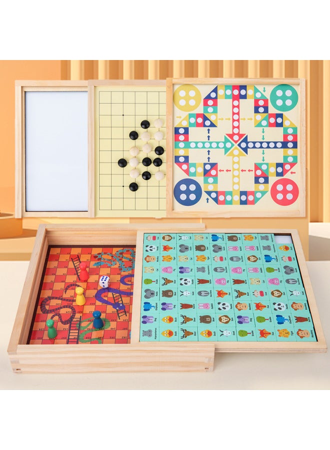 Multi-functional Wooden Five-in-one Fun Flying Chess Backgammon Children's Early Education Primary School Educational Chess Toy-Color:Five-in-one Entertainment - Image 1